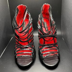 CHARLES JOURDAN Strappy Cagged Soft Leather Sandals Sz 9 Black Stiletto  EUC